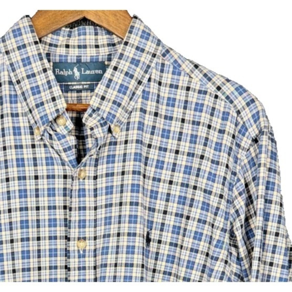 Ralph Lauren Classic Fit Plaid Shirt Mens XL Blue Long Sleeve Button Up
